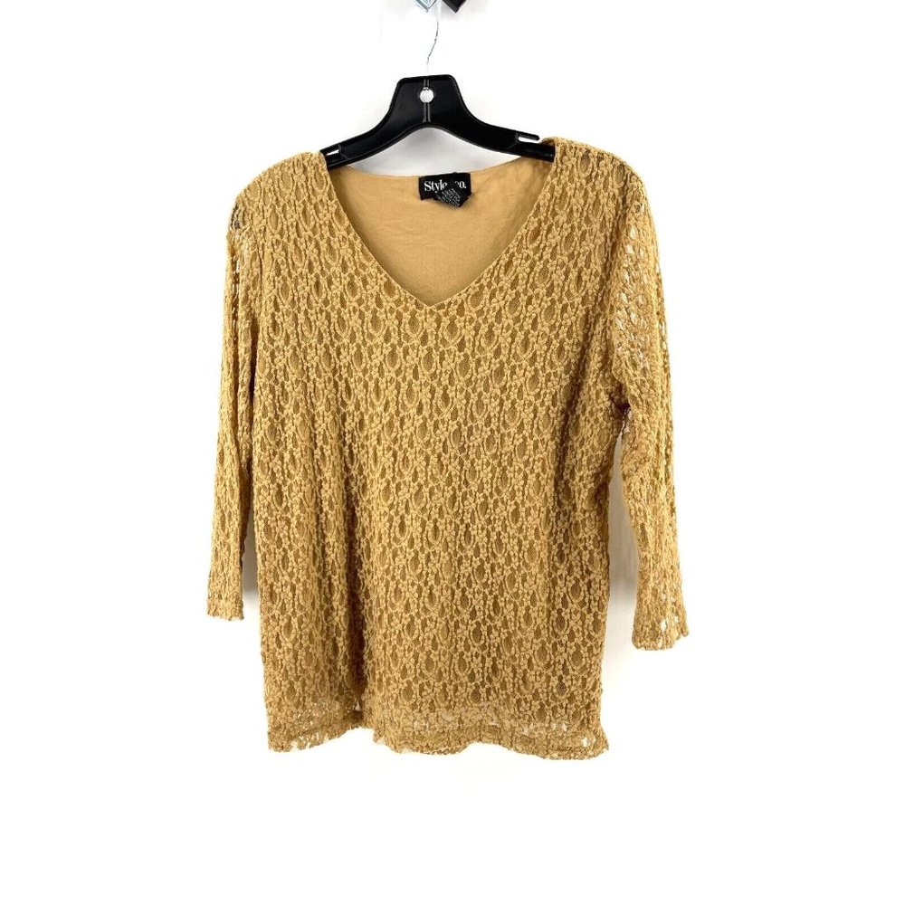 Style & Co Women's Gold Lace Lined V Neck 3/4 Sleeve Shirt Top Blouse Size S